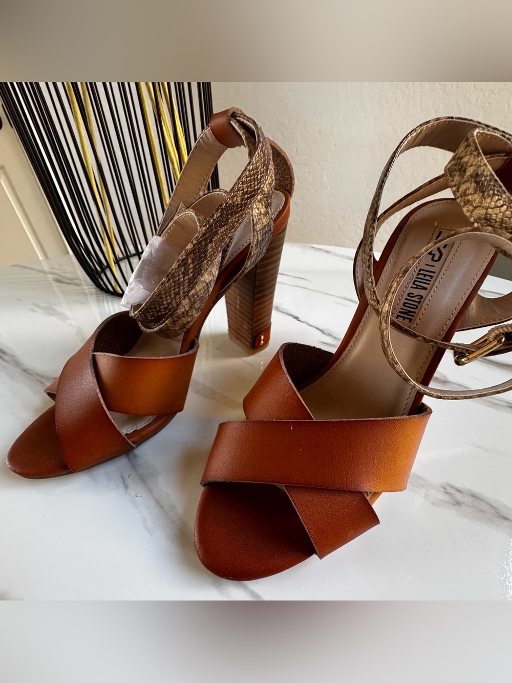 Leila Stone Orange and Tan Snake-Print Wrap Block Heel Sandals